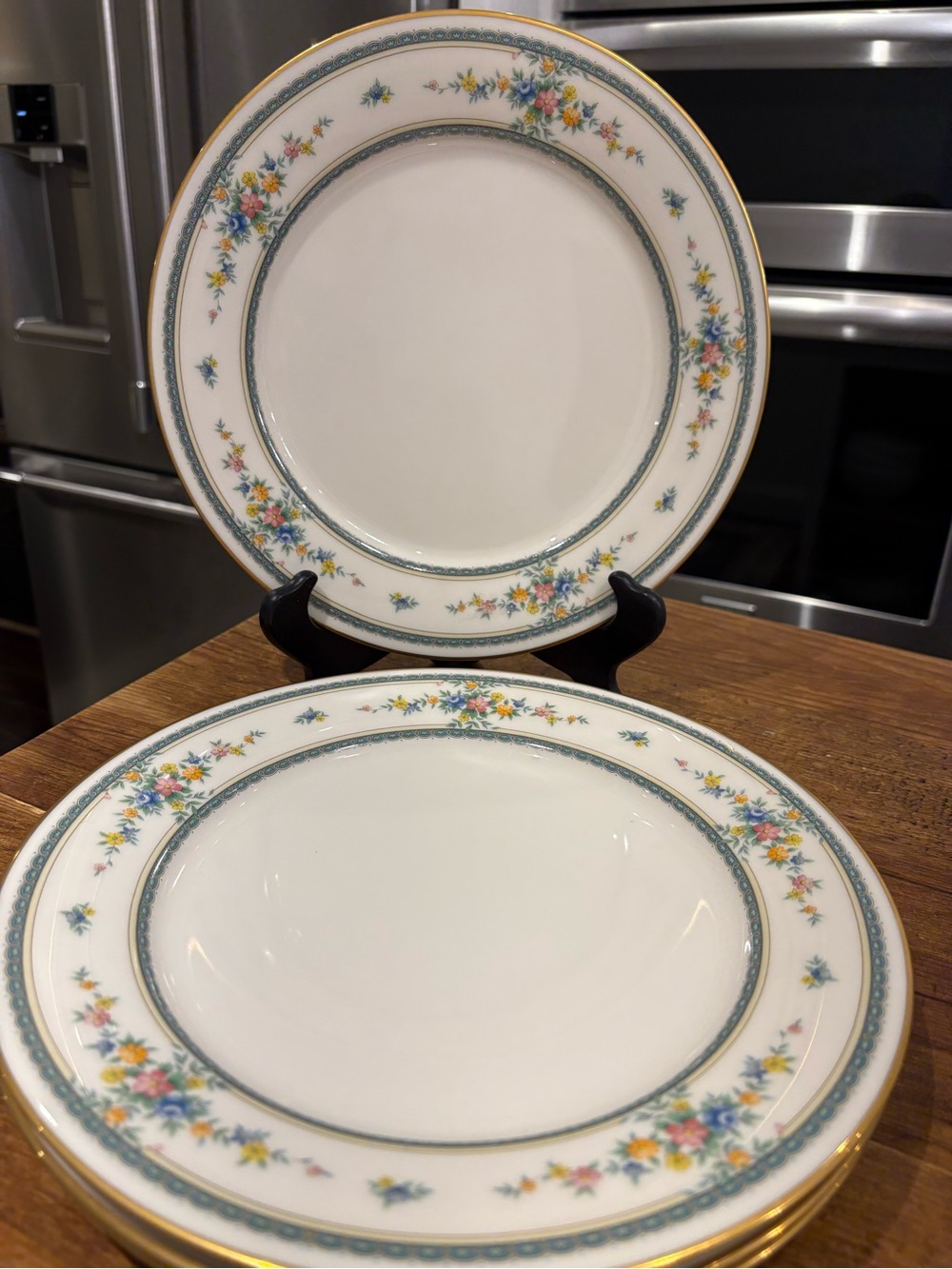 Vintage Noritake Amenity White Dinner Plates with Blue, Yellow & Gold Floral